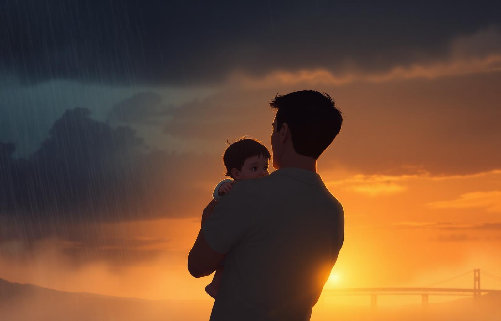 A father holding his child close against a sky that turns from storm into golden sunrise, with a distant bridge on the horizon